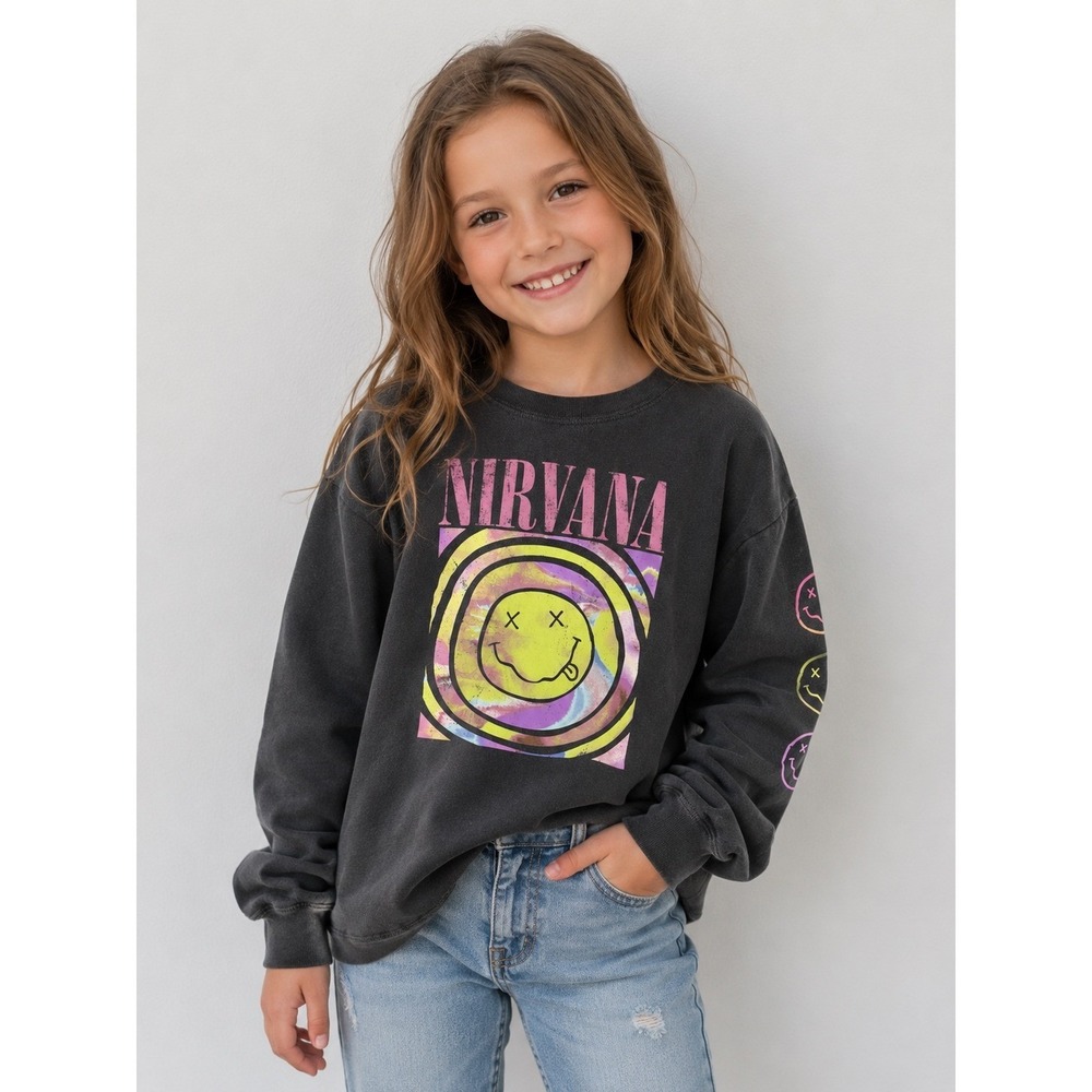 Abercrombie Kids Nirvana Smiley Face Graphic Sweatshirt Black Gray Size 7/8 - Picture 2 of 10